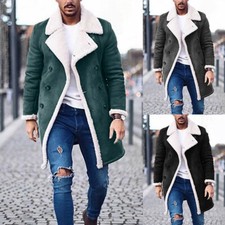 Mens Faux Fleece Fur Lined Lapel Collar Parka Winter Warm Jacket Outwear Coat