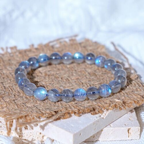 Bracelet en pierre de lune naturelle 7 mm bleu glace cristal bracelet extensible fait main - Photo 1 sur 3