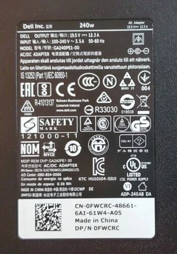 Genuine DELL Laptop Charger / Power Adapter 240W 19.5V 12.3A PA-9E GA240PE1-00