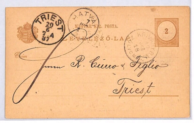 SLOVAKIA Hungary Card KRIVANY CDS Hatva 1887 Trieste *FIUME* Order Message PH151 - Image 3 of 4
