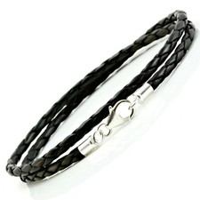 MENS LEATHER BRACELET DOUBLE BRAIDED STERLING SILVER  925