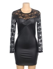 WOW BABE Black Faux Leather Floral Lace Sleeve Back Bodycon Mini Dress Size 16