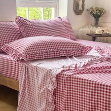 NSNLGSGC Red Gingham Ruffle Queen Sheet Set - Soft Microfiber, 4-Piece
