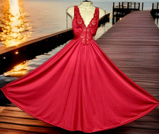 Vintage Olga Red Nylon Spandex Large Full Sweep Lingerie Dress Nightgown M