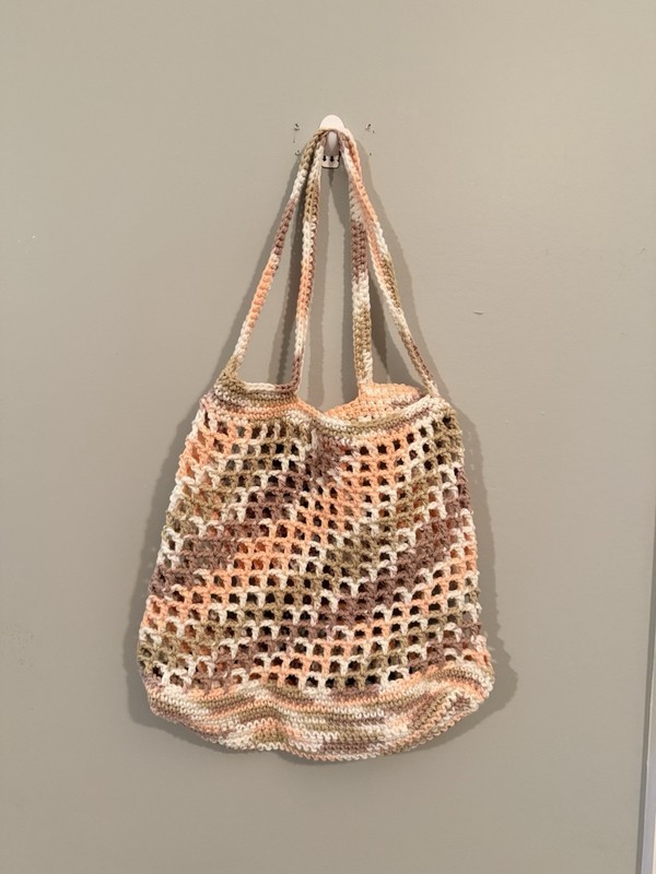 Handmade Crochet Mesh Yarn Tote Bag with Shoulder Strap Beige Peach White