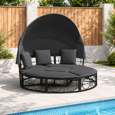 Loungebett Outdoor mit Dach Polyrattan Gartenliege Relaxliege Schwarz Kissen