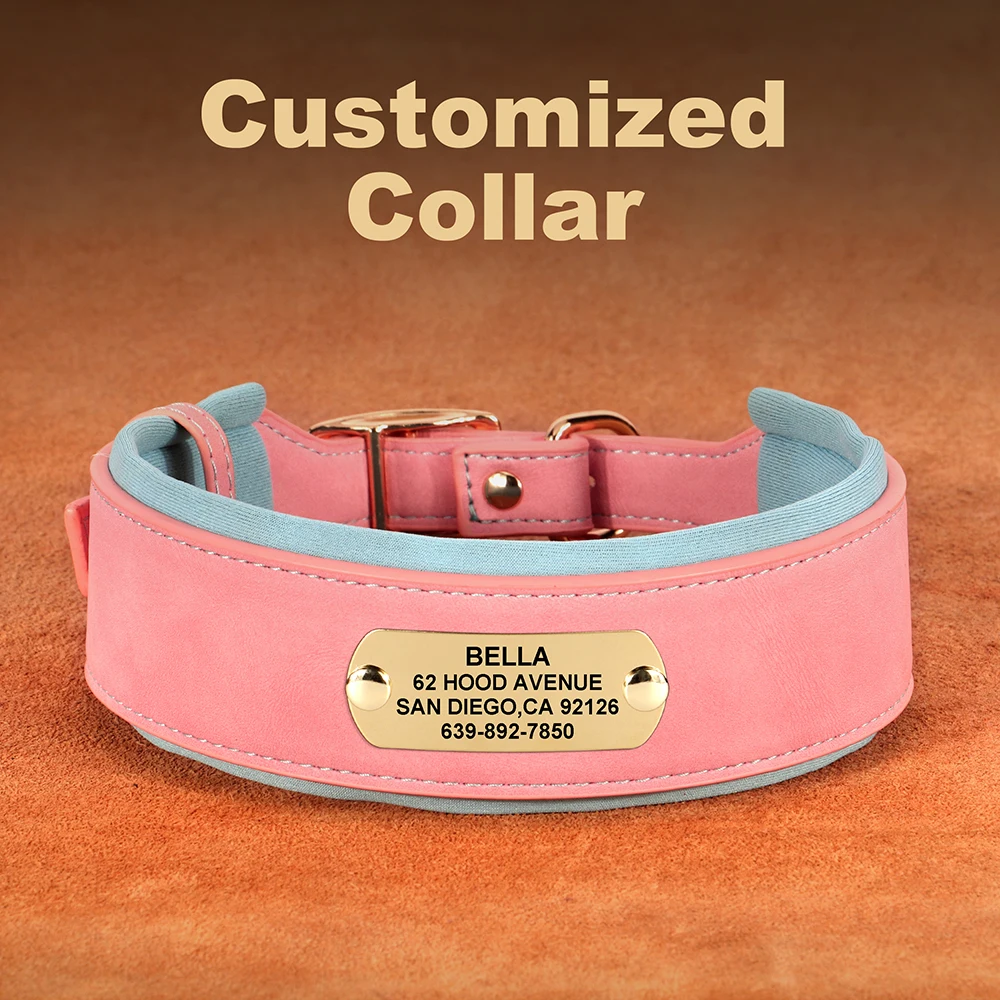 Wide Personalized PU Leather Dog Collar with Name Address Tag for All Dog Sizes