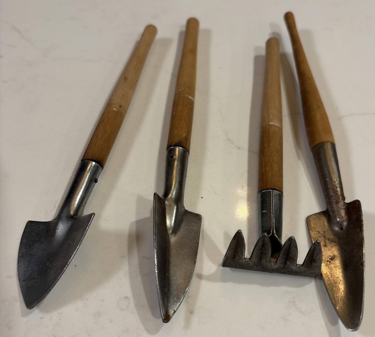 4 Small Indoor Hand Gardening Tools 2 Spades, Rake & Shovel Wood Handles