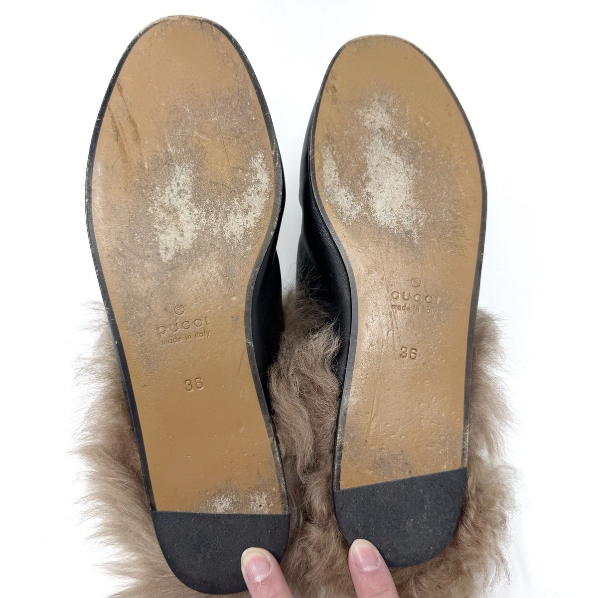 GUCCI Princetown Black Leather Fur Lined Loafer Mule with Bronze