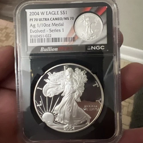 2004 W PROOF SILVER EAGLE NGC PF70 BULLION PLUS EVOLVED SERIES 1 1/10TH AG MS70