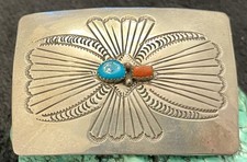 Huge VTG Sterling Silver Navajo Made Turquoise  Coral Belt Buckle 34g 3  x2  