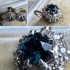 Vintage 9ct 375 Yellow Gold Rare Blue Teal Sapphire Diamond Screw Earrings .66ct