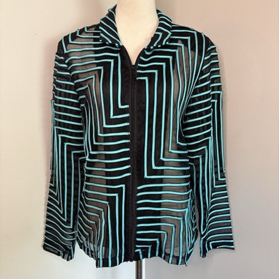 Damee Inc Soutache Jacket Black Blue Mesh Zip Up Top Art To Wear Size XL