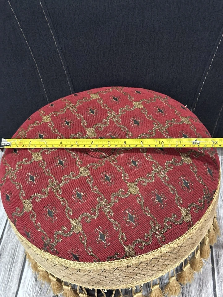 Banqueta redonda tradicional de mistura de algodão com franja vermelha e dourada - Imagem 4 de 4