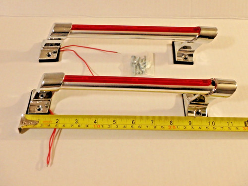2 Red Lighted Chrome Metal Grab Handles Pickup Camper Trailer Ratrod NOS 70s/80s