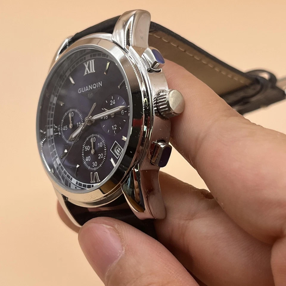 Guanqin Reloj Cronógrafo Hombre Cuarzo Fecha Acero Inoxidable Esfera Azul Cuero Foto 4 de 4