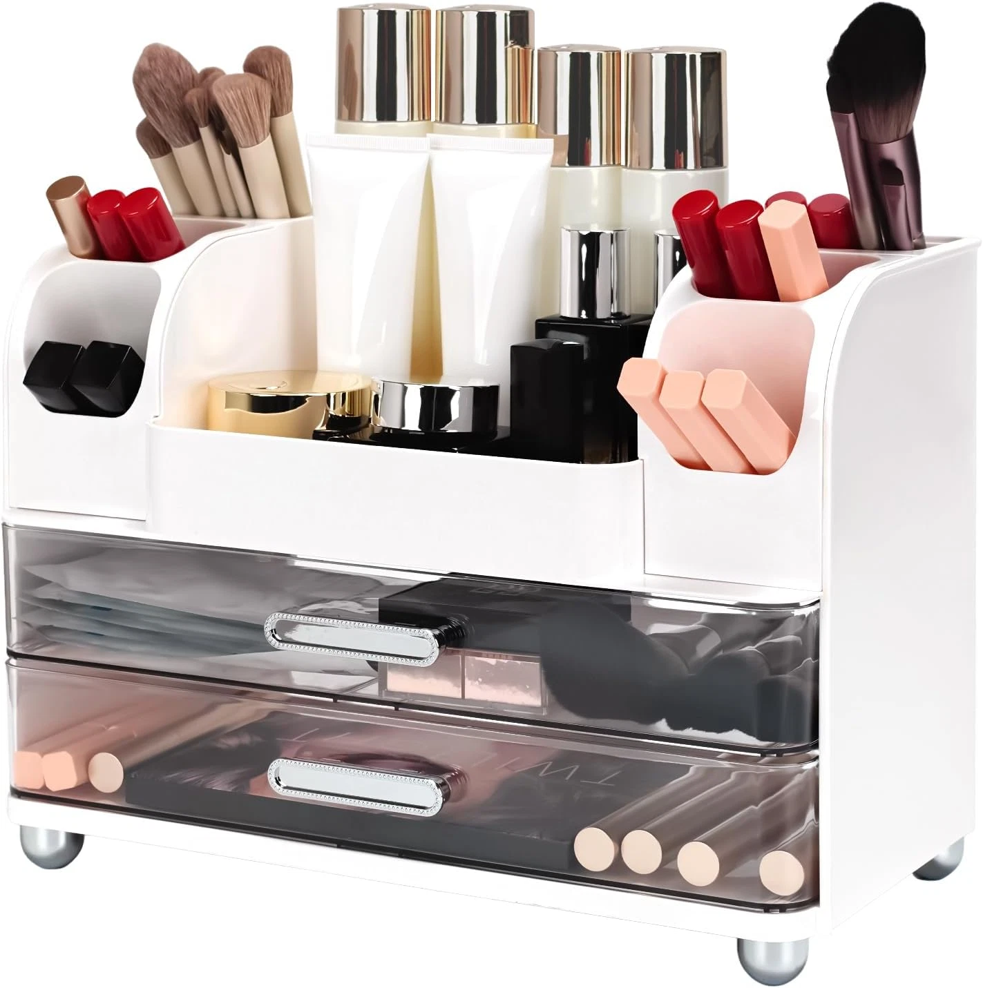 Makeup Organizer with 2 Large Drawers, Cosmetic Display Case for Vanity with Bru