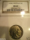 WOW SUPER NICE AND  MS-64 CERTIFIED NGC 1938-D 5 CENTS BUFFALO NICKEL