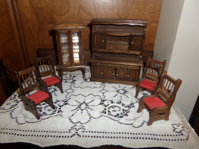 Vtg 6pc Mini Doll House Wood Dining Room Set Velveteen Chairs China Closet Hutch