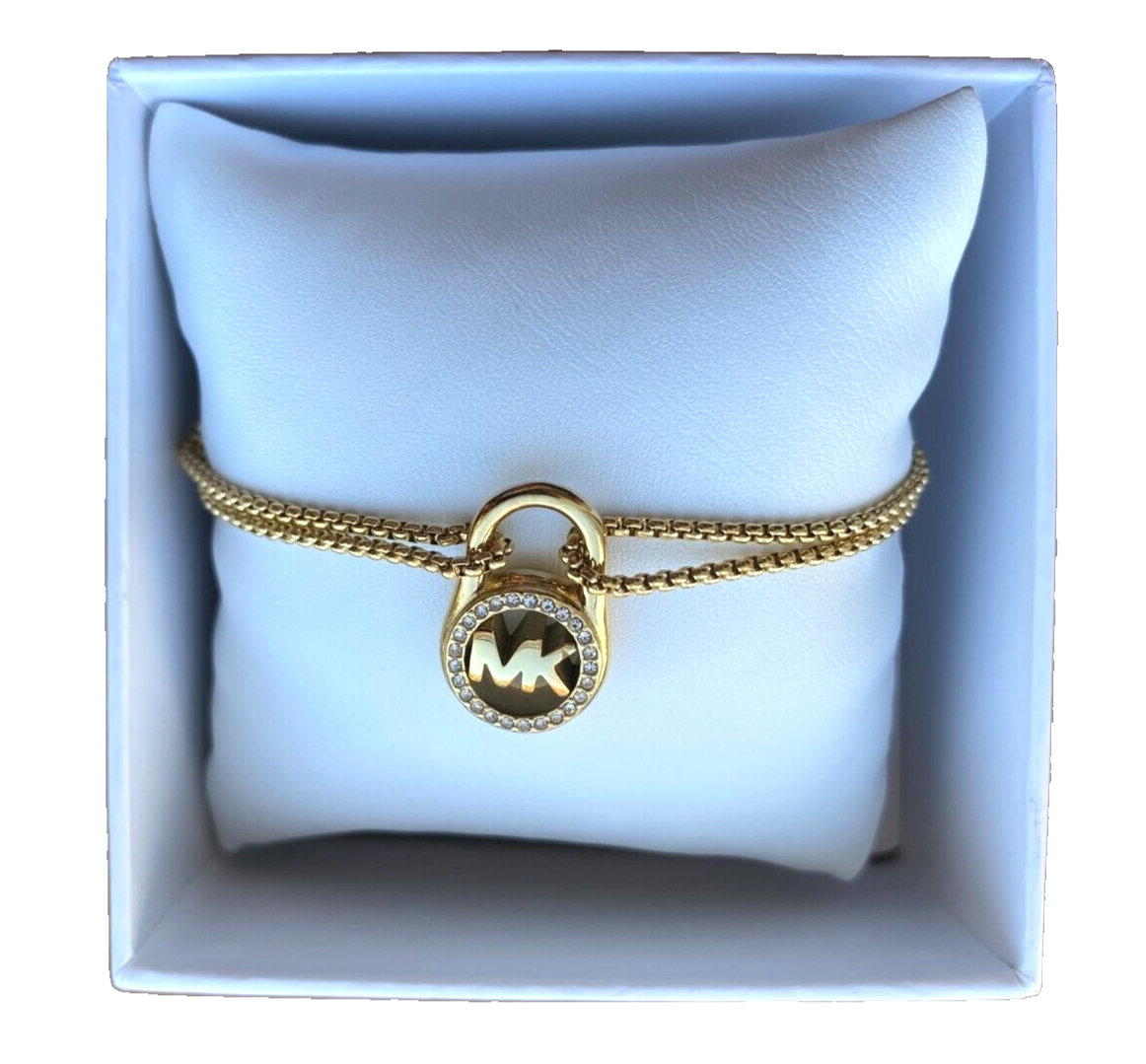 ゴールドセット‼︎ Michael Kors Gold MK Logo Pave Lock Chain Pulley Bracelet