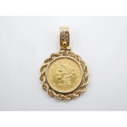 Liberty Head Quarter Eagle Coin Copy Rope Bezel Pendant 14k Yellow Gold Plated