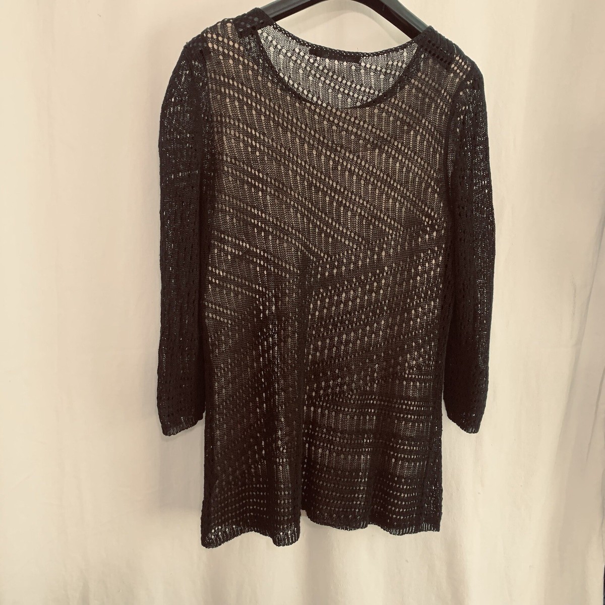 nic+zoe Womens Mesh-Stitch Round Neck 3/4 Sleeve Black Top Size Xl 