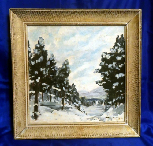 Mid-Century Landscape Framed Oil Painting on Canvas Artist Signed & Dated 1948