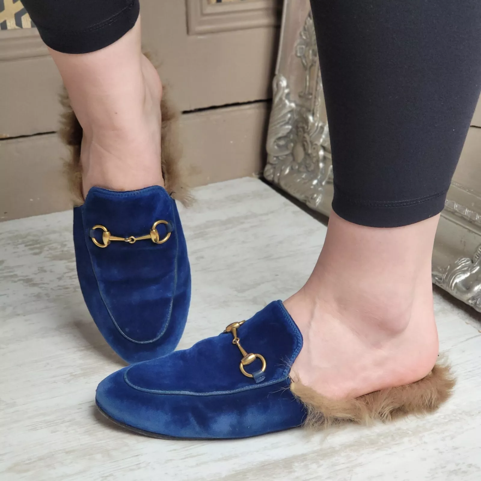 Gucci Princetown Blue Velvet Shearling Flats Sandals Shoes Slides EU 38 UK 5