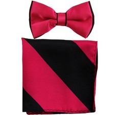 New formal Men's polyester pre-tied bow tie hankie black hot pink stripes prom