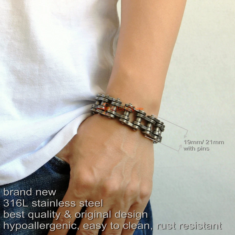Pulseira masculina pesada retrô Gunmetal aço inoxidável corrente de motocicleta - Imagem 2 de 4