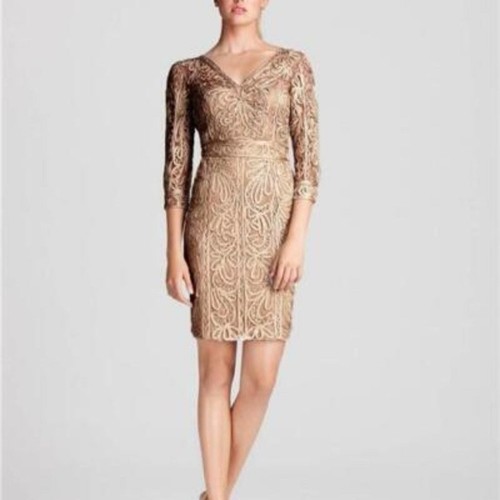 Vestido Vaina Sue Wong Encaje Bordado Cóctel Talla 12 Beige Cuello en V Manga 3/4 - Imagen 7 de 7