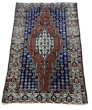 Antigua alfombra Mazlaghan pueblo kurdo 4’x 6’ óxido azul marino celadón verde cielo azul