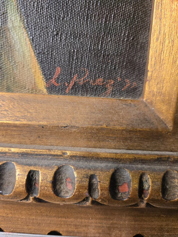 Vintage Oil on Canvas Framed-Signed "L. Perez 72"- Child Posing with Man - Image 2 of 4