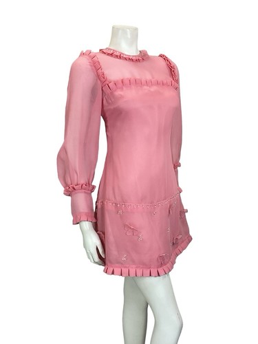 VTG 60S MOD PINK MESH RUFFLE CLEAR BEADED FLOWER BISHOP SLEEVE SHIFT DRESS 8 - Picture 3 of 13