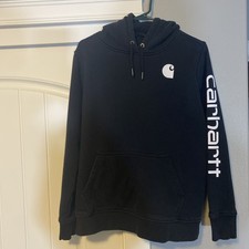 Carhartt Hoodie Size Large  12-14 Womens Black Logo Sweatshirt Relaxed Fit