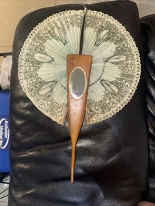 Antique Sorrento Ware Olive Wood Hand Held Hand Painted Folding Fan With Mirror