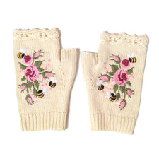 Fingerless Embroidered Beige Knit Gloves with Bees and Roses