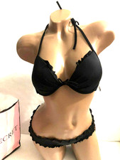 Victoria's Secret Push-up Halter Ruffle Bikini Swim 2 Piece Set Black NWT