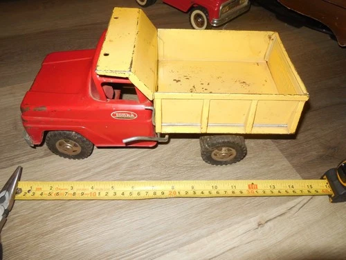 Original Vintage 1960s Tonka Classic Red Yellow Metal Dump Truck All Black Tires