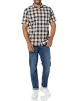 Amazon Essentials Herren Kurzarm Popeline Hemd Slim Fit Marine-Gold Karo
