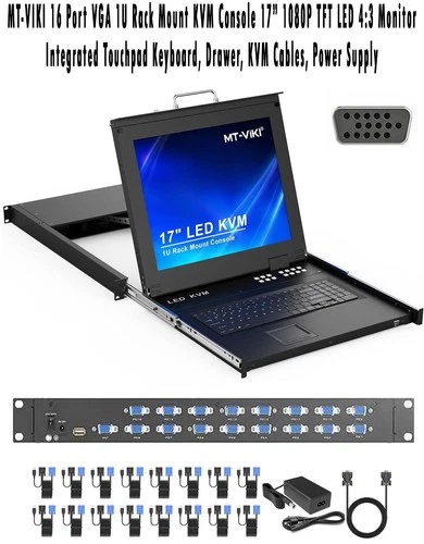 NEW MT-VIKI 16 Port VGA 1U Rack Mount KVM Console w/17” TFT LED Monitor, Cables