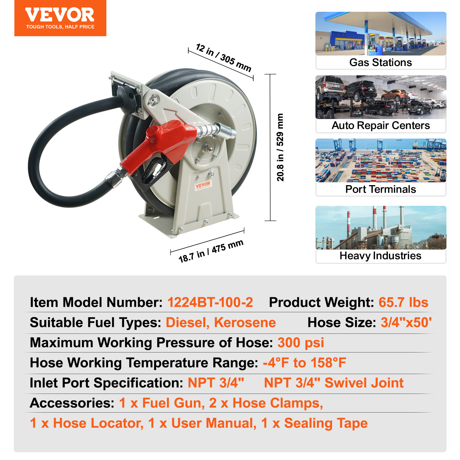 Brearo 3/4" X 50' Retractable Diesel Fuel Hose Reel – Heavy-Duty Steel With Auto Rewind, Fueling Nozzle & 300 PSI Rating, For Trucks, Ships & Farm Tanks
