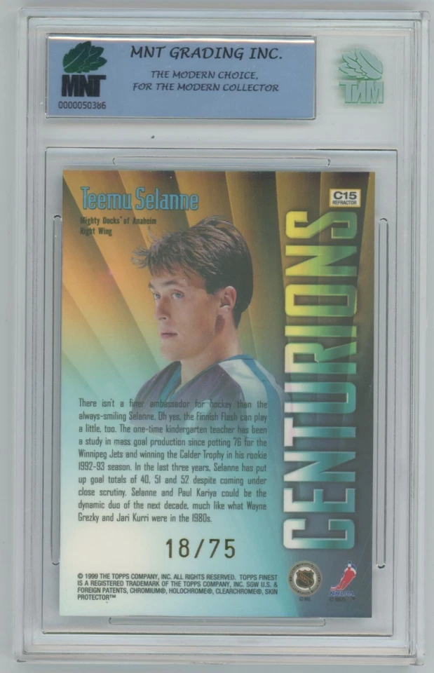 1998-99 TOPPS FINEST Teemu Selanne CENTURIONS REFRACTOR C15 /75 MNT 8.5 - Image 2 of 2