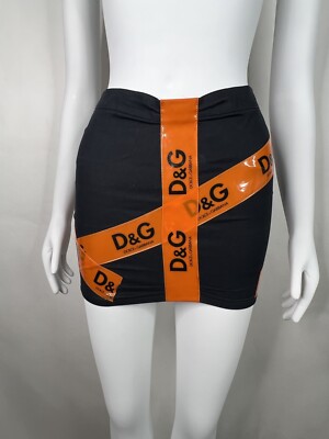 Vtg DOLCE & GABBANA D&G SS2004 BLACK ORANGE LOGO TAPE MINI SKIRT
