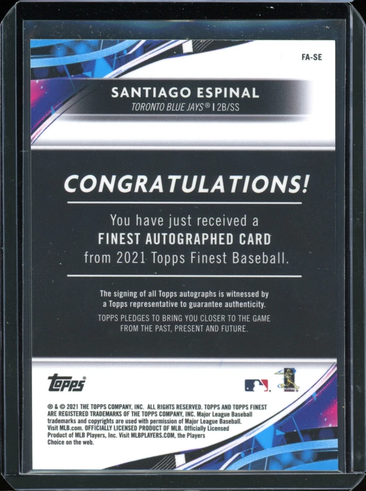 2021 Topps Finest SANTIAGO ESPINAL rookie RC autograph AUTO all-star - Image 2 of 2