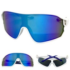 Mens OVERSIZED WRAP AROUND Biker Cycling Shield SUNGLASSES White Frame Blue Lens