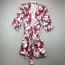 Flora Nikrooz Robe XS/S Pink Burgundy Floral Satin Short with Kimono Tie