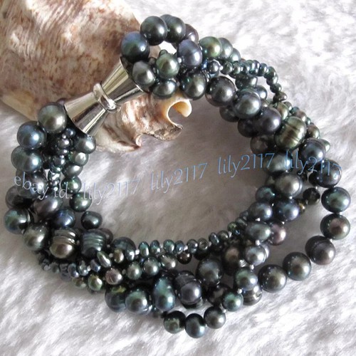 5 Rows 5-9mm Peacock Black Baroque Freshwater Pearl Bracelet 8in Magnetic Clasp - 第 2/8 張圖片