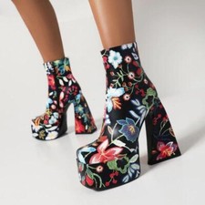Women's Club Party Casual Ankle Boots Floral Print High Heels Platform Zip Shoes