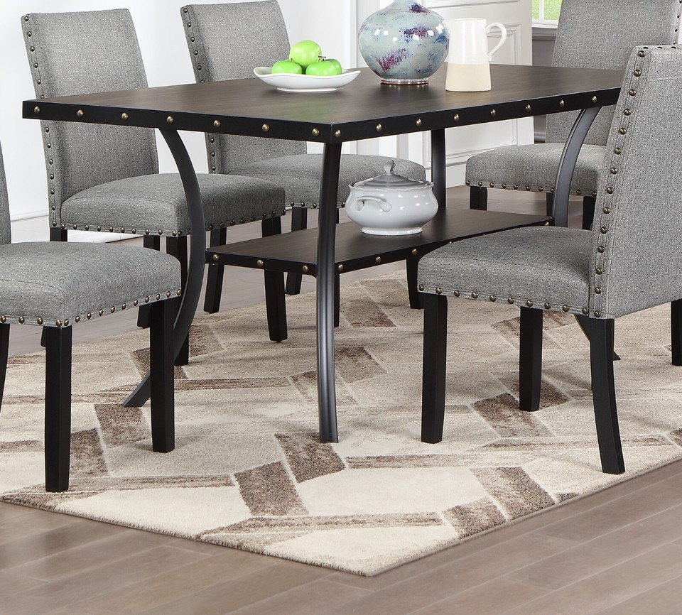 Classic 7 Pc Dining Set Table Chair Grey Fabric Nail Heads Dining Room